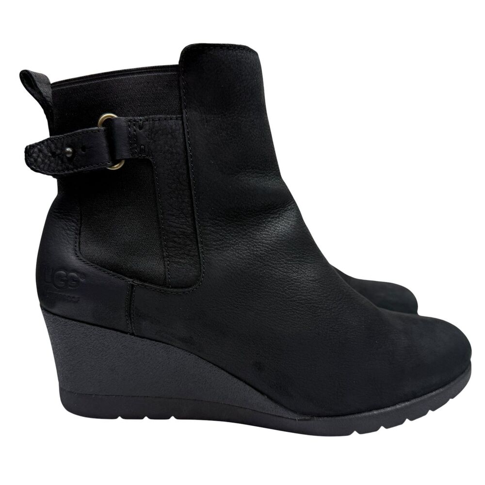 UGG Women's Black Leather Waterproof Wedge Ankle Boots US 8.5 EU 39.5 UK 6.5